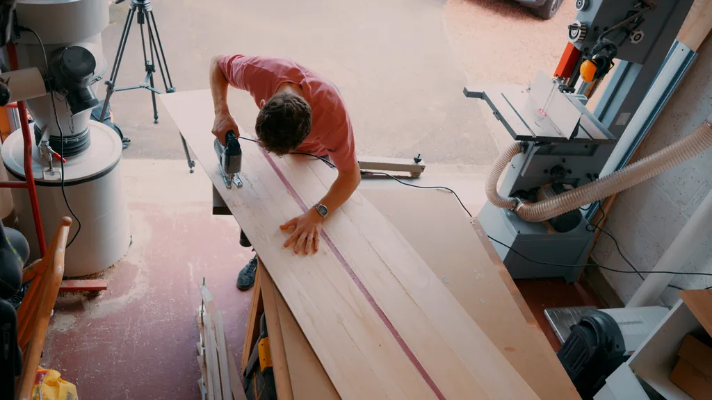 From above, Sam cuts along a long timber panel with an oxblood line running through it.